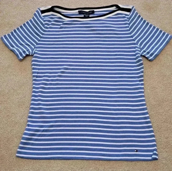 ❤ NWT Tommy Hilfiger Striped T-shirt Blue White Boatneck Tee Medium Short Sleeve - Picture 12 of 15